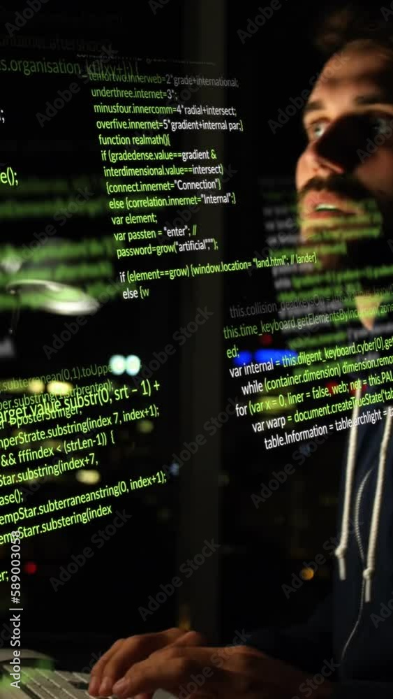 Poster animation of data processing over caucasian male hacker