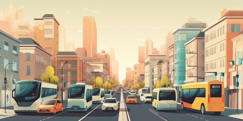 A cityscape with electric vehicles dominating the streets, including electric buses, taxis, and personal cars | generative AI