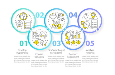 How to conduct causal research infographic template. Analysis. Data visualization with 5 steps. Editable timeline info chart. Workflow layout with line icons. Myriad Pro-Regular font used
