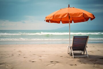 Beach Lifestyle with Chair and Umbrella for Travel. Copy Space on Background