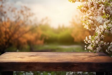 Naklejka na ściany i meble Empty wooden table for product display montage with spring blossom background, Generative Ai