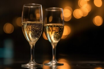 Glasses of champagne on table against defocused lights, closeup, Generative Ai