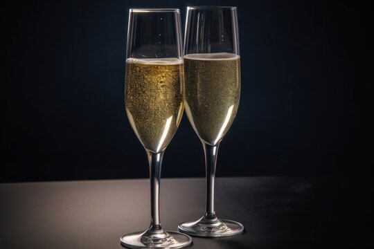 Glasses of champagne on table against defocused lights, closeup, Generative Ai