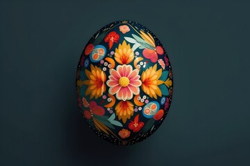 Easter egg with floral pattern on a dark background, top view, Generative Ai