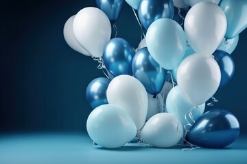 Blue and white balloons with ribbons on blue background. 3D Rendering, Generative Ai