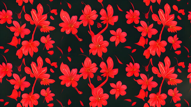 simple seamless watercolor red flowers black background themed pattern, seamless floral pattern, seamless floral background, seamless pattern with flowers