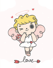 cute Valentine cupid boy with mini heart hand gesture cartoon doodle hand drawing vector