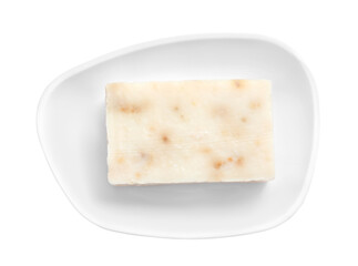 Holder with soap bar on white background, top view