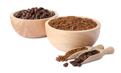 Bowls and scoops with instant coffee, roasted beans on white background