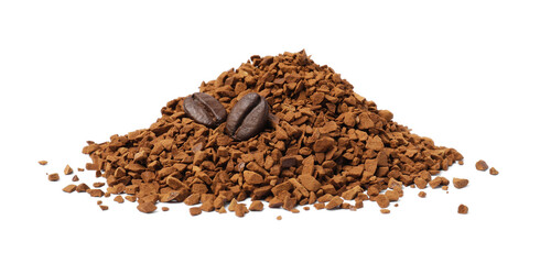 Heap of instant coffee and beans on white background