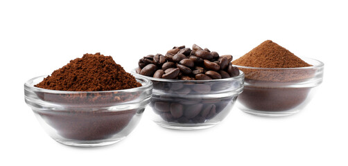 Bowls with different types of coffee on white background