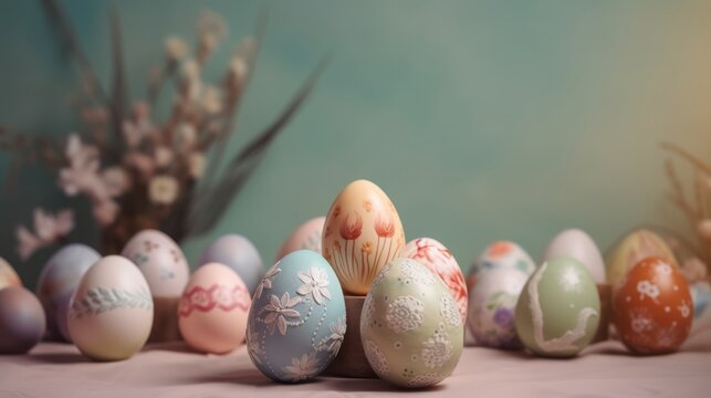 Traditionaly painted easter eggs on the soft pastel background