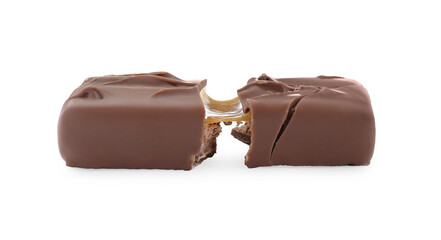 Pieces of chocolate bar with caramel on white background
