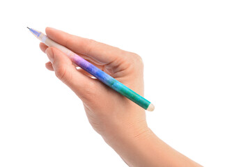 Woman holding erasable pen on white background, closeup