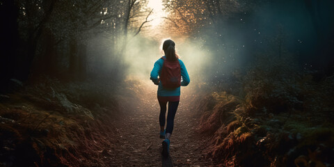 Lady Trail Runner Embracing the Dawn on a Forest Path with Abstract Bokeh Light. Generative AI