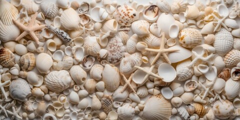 Various white sea shells and corals on white background. Generative AI
