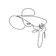 Woman in hat vector one line art. Line art. Minimalist print. Black and white. Beauty logo. Portrait of young modern woman wearing hat. Vector illustration