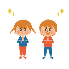 瞳を輝かせる男の子と女の子　イラスト素材