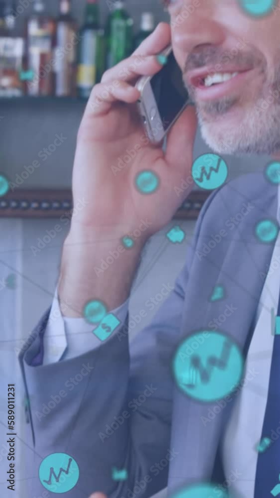 Poster animation of neworks of connections with icons over caucasian man using smartphone