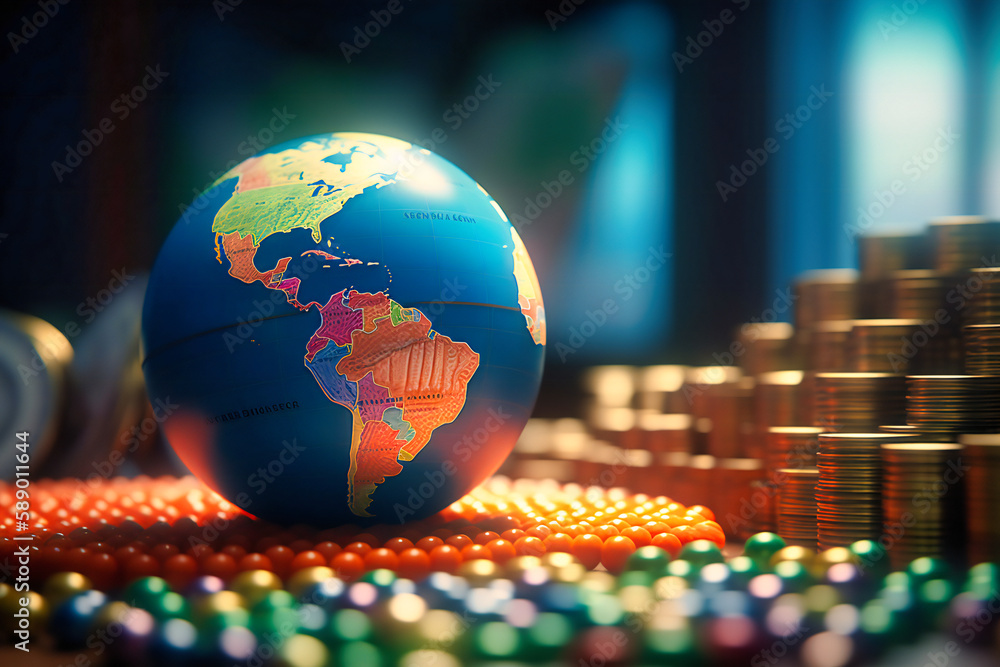 Aufkleber watch your wealth grow and expand globally with an image of a globe and stack of coins.