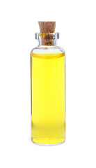 Glass bottle of yellow food coloring on white background