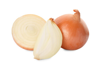 Whole and cut onions on white background