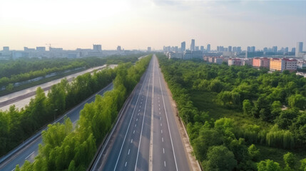 Fototapeta premium Asphalt road and green tree with city skyline. Generative AI
