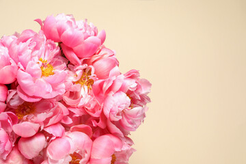 Bunch of beautiful peonies on beige background, top view. Space for text
