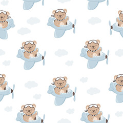 Seamless vector pattern. Cute teddy bear flying through the sky on an airplane. Blue clouds. Delicate pattern for children's clothes 
