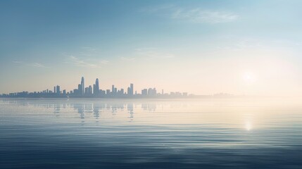 Cityscape on horizon over ocean. Generative AI