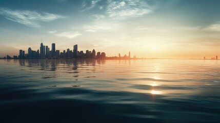 Fototapeta na wymiar Cityscape on horizon over ocean. Generative AI