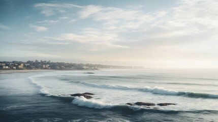 Cityscape on horizon over ocean. Generative AI