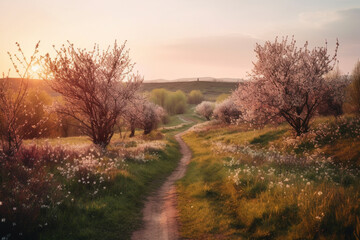 Beautiful spring landscape with blooming cherry trees and road at sunset