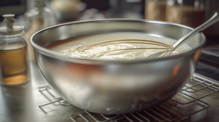 Preparation of bechamel sauce. Silver Bowl with wire whisk for mixing in kitchen. Generative AI. 
