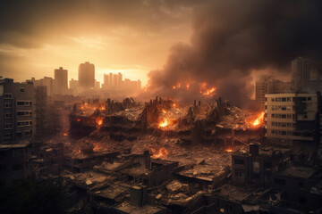 Destruction of city with fires, explosions and collapsing structures. Concept of war and disaster. Generative AI.
