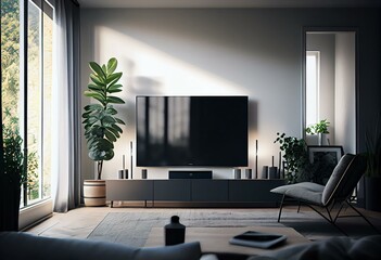 Fototapeta na wymiar Light living room interior with tv and decoration, window and mockup screen. Generative AI