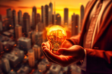 The lightbulb in the hand of the business man represents the creative and visionary thinking that drives successful entrepreneurship