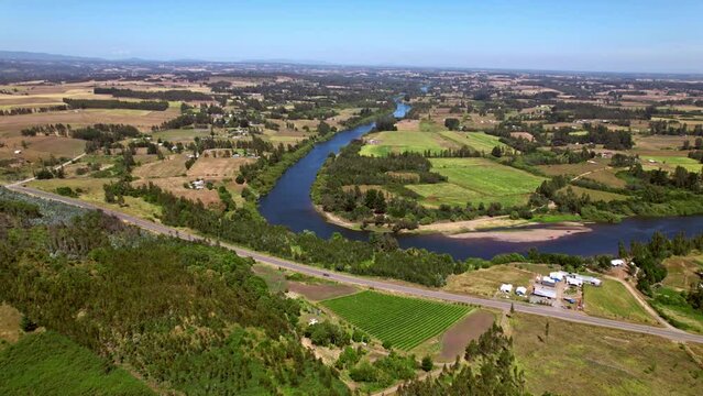Aerial view over the Malleco Valley in Cautin Province in Chile, South America.. Dolly back drone shot
