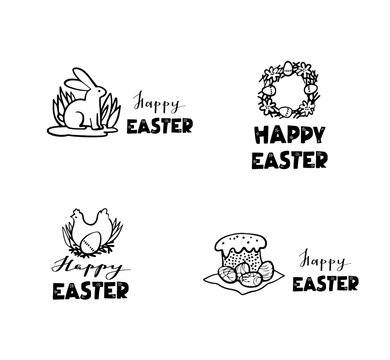 set of easter pictures hand drawn outline and lettering