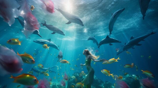 Explore an Abstract Underwater World with Playful Dolphins and Vibrant Marine Life: Tim Walker's Stunning Sony A9 Photographs, Generative AI