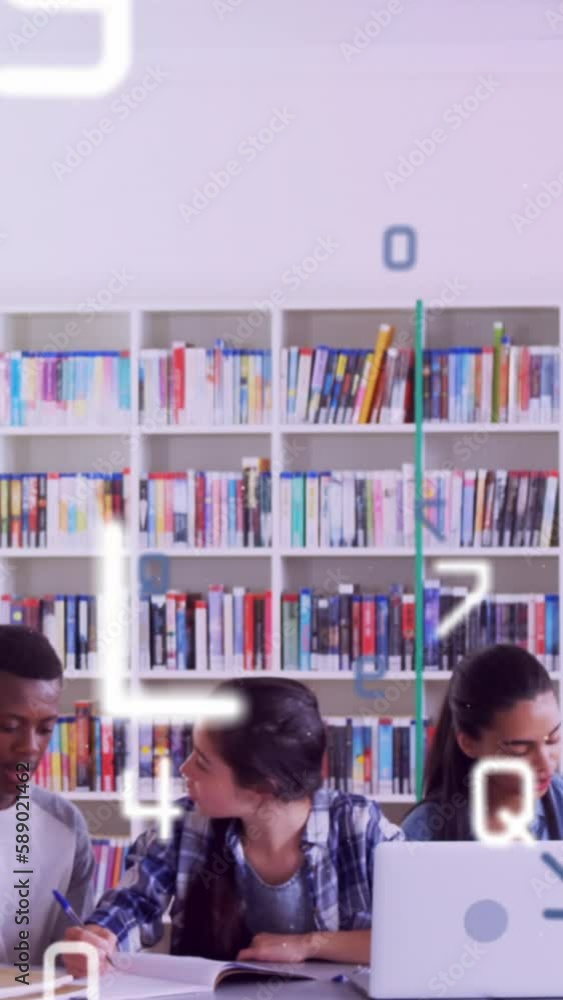 Poster animation of diverse group of students in school library using laptops