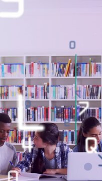 Animation of diverse group of students in school library using laptops