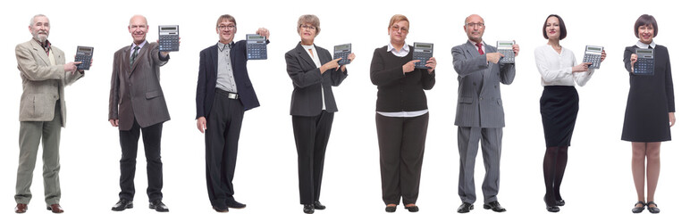 collage of people demonstrate calculator in hand isolated