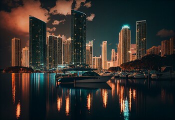 Downtown Miami Skyline & Marina. Generative AI