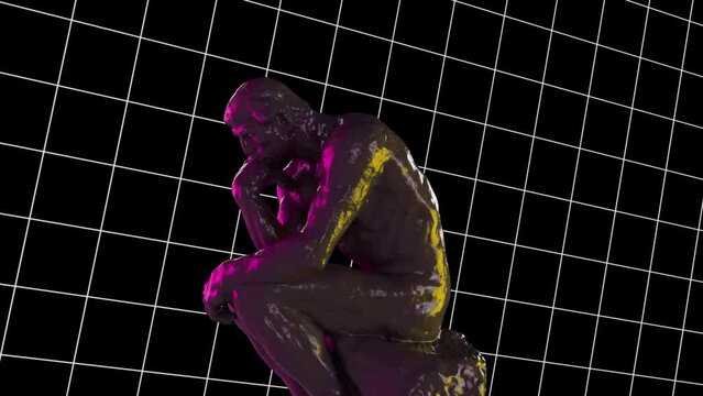 3D The Thinker Rotating Statue Animation. Sculpture In Webpunk Art Style. NFT Cryptoart Concept. 