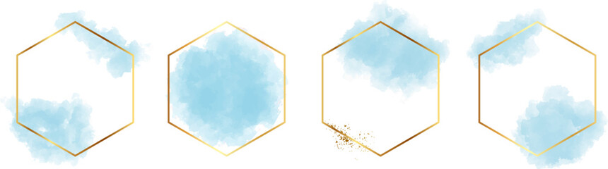Hexagonal frame with abstract splashes of light blue watercolor brush strokes for logo, banner, card, cover, flyer and poster, watercolor strokes with gold hexagonal frame