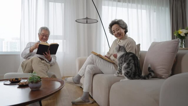 Cheerful senior couple reading book at home,4K