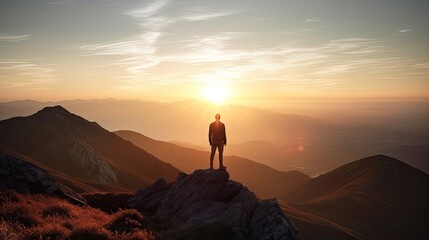 Man standing at top of mountain. Generative AI