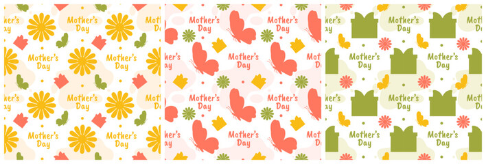 Set of Happy Mother Day Seamless Pattern Design in Element Decoration Template Hand Drawn Cartoon Flat Illustration