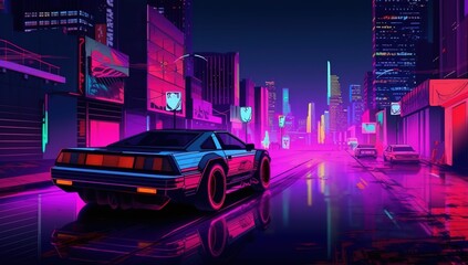Fototapeta na wymiar A night in the city with a purple light theme car rush speeding on the city road, Car illustration, Generative AI
